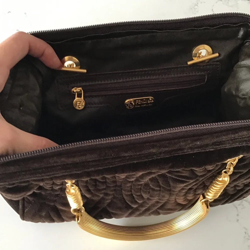 FENDI rare vintage handbag brown quilted velvet with gold handles - Picture 13 of 16